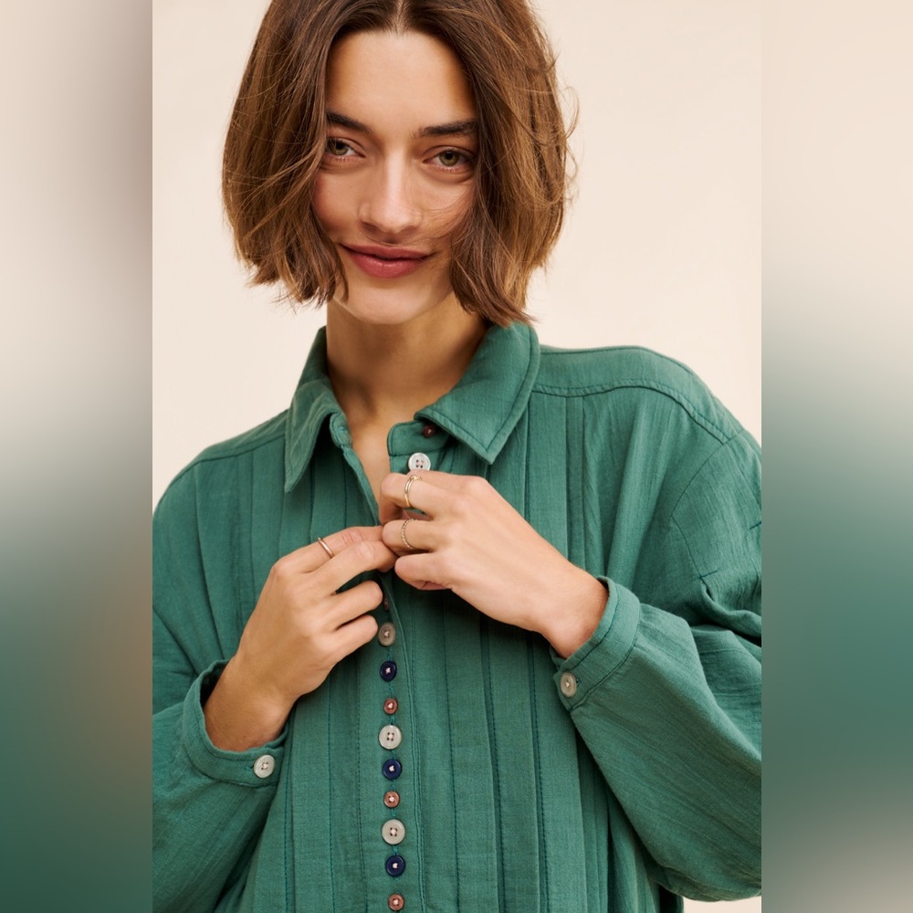 Free People Thalia Mini Shirtdress S Pullover Jacket Button Oversized Teal Boho - Picture 2 of 16